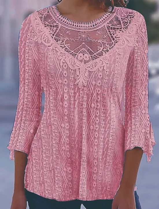 Outlet Shirt Blouse Dressy Tops Women's Black White Pink Plain Lace Street Daily Fashion Round Neck Regular Fit S Women Lace Tops