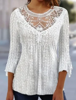 Outlet Shirt Blouse Dressy Tops Women's Black White Pink Plain Lace Street Daily Fashion Round Neck Regular Fit S Women Lace Tops