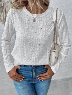 New Shirt Blouse Eyelet top Women's Pink Purple Solid Color Cut Out Street Daily Fashion Round Neck S Women Lace Tops
