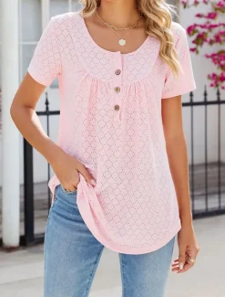 Discount Shirt Blouse Eyelet top Women's White Pink Wine Solid Color Button Street Daily Fashion Round Neck S Women Blouses & Shirts