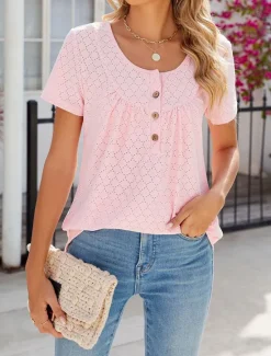 Discount Shirt Blouse Eyelet top Women's White Pink Wine Solid Color Button Street Daily Fashion Round Neck S Women Blouses & Shirts