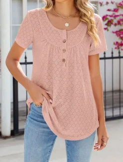 Discount Shirt Blouse Eyelet top Women's White Pink Wine Solid Color Button Street Daily Fashion Round Neck S Women Blouses & Shirts