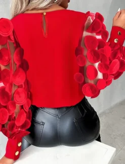 Outlet Shirt Blouse Women's 6 black Black Red Solid Color Mesh Street Daily Fashion Round Neck S Women Blouses & Shirts