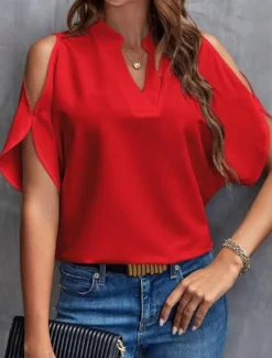 Best Shirt Blouse Women's Black White Yellow Solid Color Cut Out Street Daily Fashion V Neck S Women Blouses & Shirts