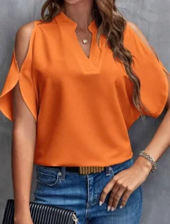 Best Shirt Blouse Women's Black White Yellow Solid Color Cut Out Street Daily Fashion V Neck S Women Blouses & Shirts