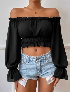 Outlet Shirt Blouse Women's Plain Crop Top Street Daily Fashion Off Shoulder Regular Fit S Women Blouses & Shirts