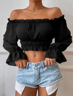 Outlet Shirt Blouse Women's Plain Crop Top Street Daily Fashion Off Shoulder Regular Fit S Women Blouses & Shirts
