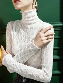 Outlet Shirt Blouse Women's Black White Blue Plain Lace Casual Fashion High Neck Slim S Women Lace Tops