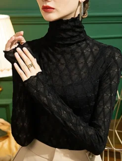 Outlet Shirt Blouse Women's Black White Blue Plain Lace Casual Fashion High Neck Slim S Women Lace Tops