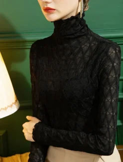 Outlet Shirt Blouse Women's Black White Blue Plain Lace Casual Fashion High Neck Slim S Women Lace Tops