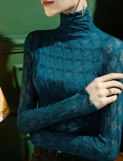 Outlet Shirt Blouse Women's Black White Blue Plain Lace Casual Fashion High Neck Slim S Women Lace Tops