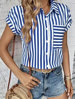 Clearance Shirt Blouse Women's Black Pink Red Stripes Button Pocket Print Daily Elegant V Neck Regular Fit S Women Blouses & Shirts