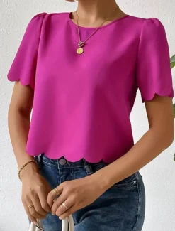 Sale Shirt Blouse Women's Dusty Rose Blue Orange Plain Sexy Street Daily Fashion Round Neck Regular Fit S Women Blouses & Shirts