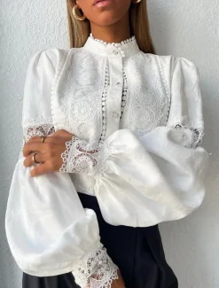 Discount Shirt Blouse Women's Plain Lace Button Street Daily Fashion Regular Fit Lantern Sleeve S Women Blouses & Shirts