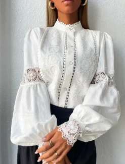 Discount Shirt Blouse Women's Plain Lace Button Street Daily Fashion Regular Fit Lantern Sleeve S Women Blouses & Shirts