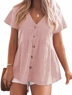New Shirt Button Up Blouse Dressy Tops Women's Black Pink Red Plain Buttons Street Daily Fashion V Neck Regular Fit S Women Shirts