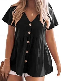 New Shirt Button Up Blouse Dressy Tops Women's Black Pink Red Plain Buttons Street Daily Fashion V Neck Regular Fit S Women Shirts