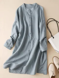Best Shirt Cotton Linen Shirts Linen Shirt Button Up Women's White Blue Solid Color Buttons Long Street Daily Fashion Round Neck Cotton Linen Regular Fit M Women Shirts