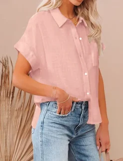 Outlet Shirt Cotton Linen Shirts Button Up Blouse Women's Black White Pink Plain Buttons Pocket Street Daily Fashion Shirt Collar Regular Fit S Women Shirts