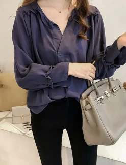 Shirt Cotton Linen Shirts Linen Shirt Button Up Women's Yellow Navy Blue Beige Solid Color Sexy Street Daily Fashion V Neck Cotton Linen Regular Fit M Women Shirts