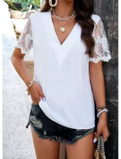 Discount Shirt Lace Shirt Blouse Mesh Patchwork Top Women's White Wine Fuchsia Plain Mesh Street Daily Fashion V Neck Regular Fit S Women Lace Tops