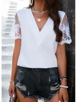 Discount Shirt Lace Shirt Blouse Mesh Patchwork Top Women's White Wine Fuchsia Plain Mesh Street Daily Fashion V Neck Regular Fit S Women Lace Tops