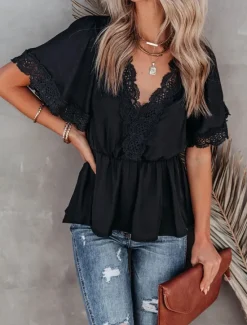 Outlet Shirt Lace Shirt Blouse White Lace Shirt Women's Black White Plain Lace Flowing tunic Street Daily Fashion V Neck Regular Fit S Women Blouses & Shirts