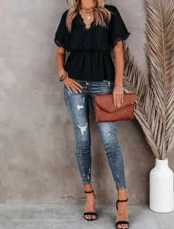 Outlet Shirt Lace Shirt Blouse White Lace Shirt Women's Black White Plain Lace Flowing tunic Street Daily Fashion V Neck Regular Fit S Women Blouses & Shirts