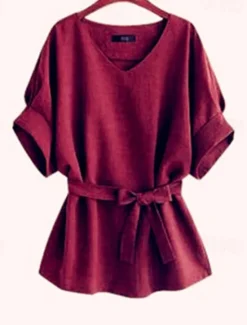 Shirt Linen Shirt Blouse Cotton Linen Shirts Women's Wine Navy Blue Green Solid Color Lace up Street Daily Fashion Round Neck Cotton Linen Regular Fit M Women Shirts