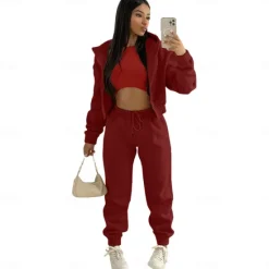 Solid Casual 3 Piece Set, Zip Up Hooded Jacket & Sleeveless Crew Neck Tank Top & Drawstring Elastic Waist Jogger Pants Outfits, Women's Clothing Women Two Piece Sets
