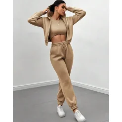 Solid Casual 3 Piece Set, Zip Up Hooded Jacket & Sleeveless Crew Neck Tank Top & Drawstring Elastic Waist Jogger Pants Outfits, Women's Clothing Women Two Piece Sets