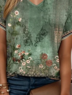 Clearance St. Patrick Women's T Shirt Ombre Floral Graphic Elegant Vintage Casual Short Sleeve V Neck Regular Tops Daily Weekend Vacation Wear Print Summer Women Boho Tops