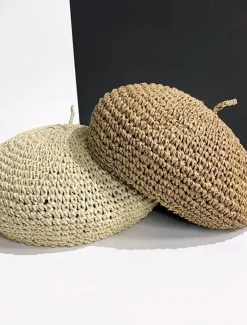 Hot Straw Crochet Thin Beret Hats Solid Color Casual Painter Cap Lightweight Breathable Berets For Women Girls Spring & Summer Women Hats