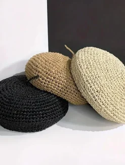 Hot Straw Crochet Thin Beret Hats Solid Color Casual Painter Cap Lightweight Breathable Berets For Women Girls Spring & Summer Women Hats