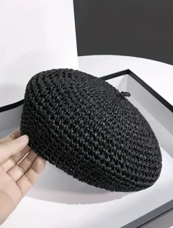 Hot Straw Crochet Thin Beret Hats Solid Color Casual Painter Cap Lightweight Breathable Berets For Women Girls Spring & Summer Women Hats