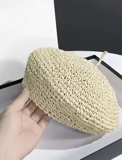 Hot Straw Crochet Thin Beret Hats Solid Color Casual Painter Cap Lightweight Breathable Berets For Women Girls Spring & Summer Women Hats