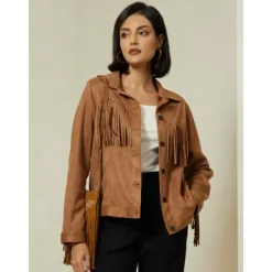 Best Suede Fringe Hem Crew Neck Jacket Women Jackets