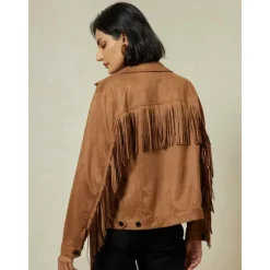 Best Suede Fringe Hem Crew Neck Jacket Women Jackets