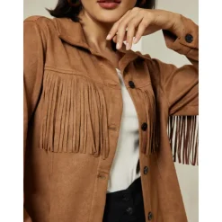 Best Suede Fringe Hem Crew Neck Jacket Women Jackets