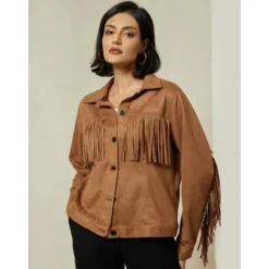 Best Suede Fringe Hem Crew Neck Jacket Women Jackets