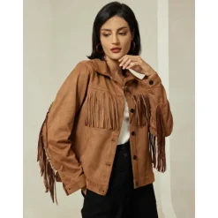 Best Suede Fringe Hem Crew Neck Jacket Women Jackets