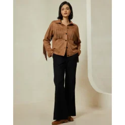 Best Suede Fringe Hem Crew Neck Jacket Women Jackets