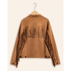 Best Suede Fringe Hem Crew Neck Jacket Women Jackets