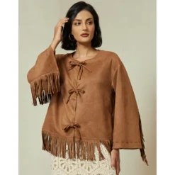 Online Suede Fringed Flare Cuff Sleeve Jacket Women Jackets