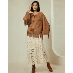 Online Suede Fringed Flare Cuff Sleeve Jacket Women Jackets