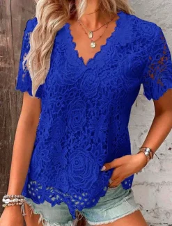Hot T shirt Tee Dressy Tops Women's Black White Red Plain Lace Street Daily Fashion V Neck Regular Fit S Women Lace Tops