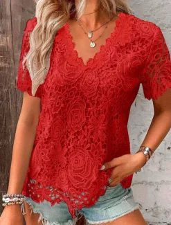 Hot T shirt Tee Dressy Tops Women's Black White Red Plain Lace Street Daily Fashion V Neck Regular Fit S Women Lace Tops