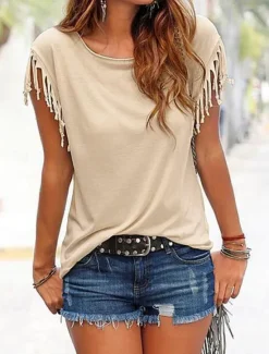 Outlet T shirt Tee Dressy Tops Women's Black White Red Plain Tassel Street Daily Fashion Round Neck Regular Fit S Women T-Shirts