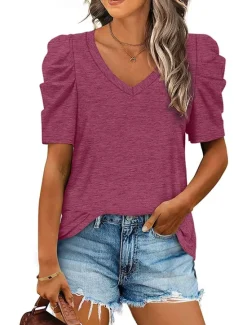 Outlet T shirt Tee Women's Black White Purple Plain Ruched Street Daily Fashion V Neck Regular Fit S Women T-Shirts