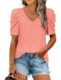Outlet T shirt Tee Women's Black White Purple Plain Ruched Street Daily Fashion V Neck Regular Fit S Women T-Shirts